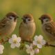 Sparrows on a Branch During Spring Bloom